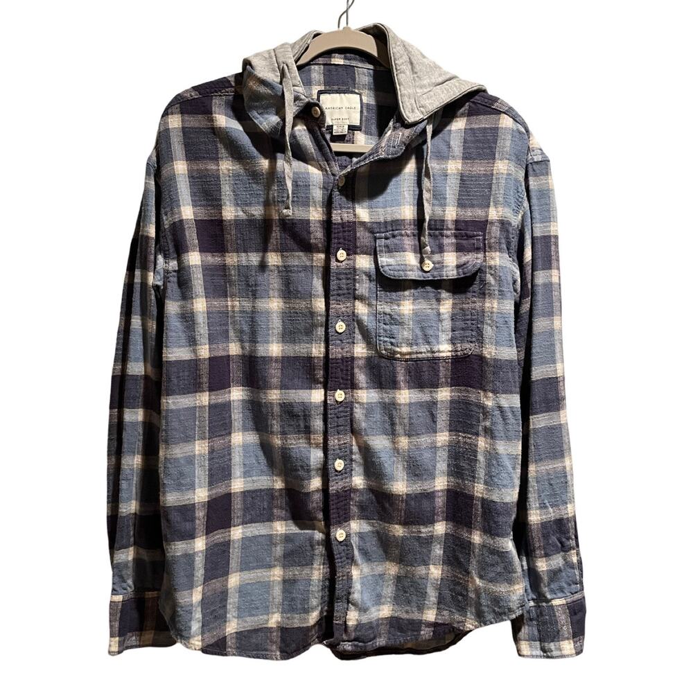 American Eagle Outfitters Shirt Mens Size Med Blue Plaid Button Long Sleeve Hood